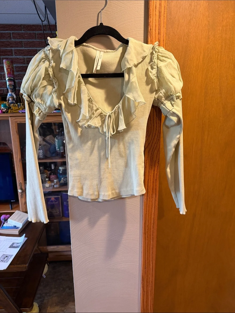 Anthropologie Creamy green Ruffle Tie-Front Long Sleeve Blouse